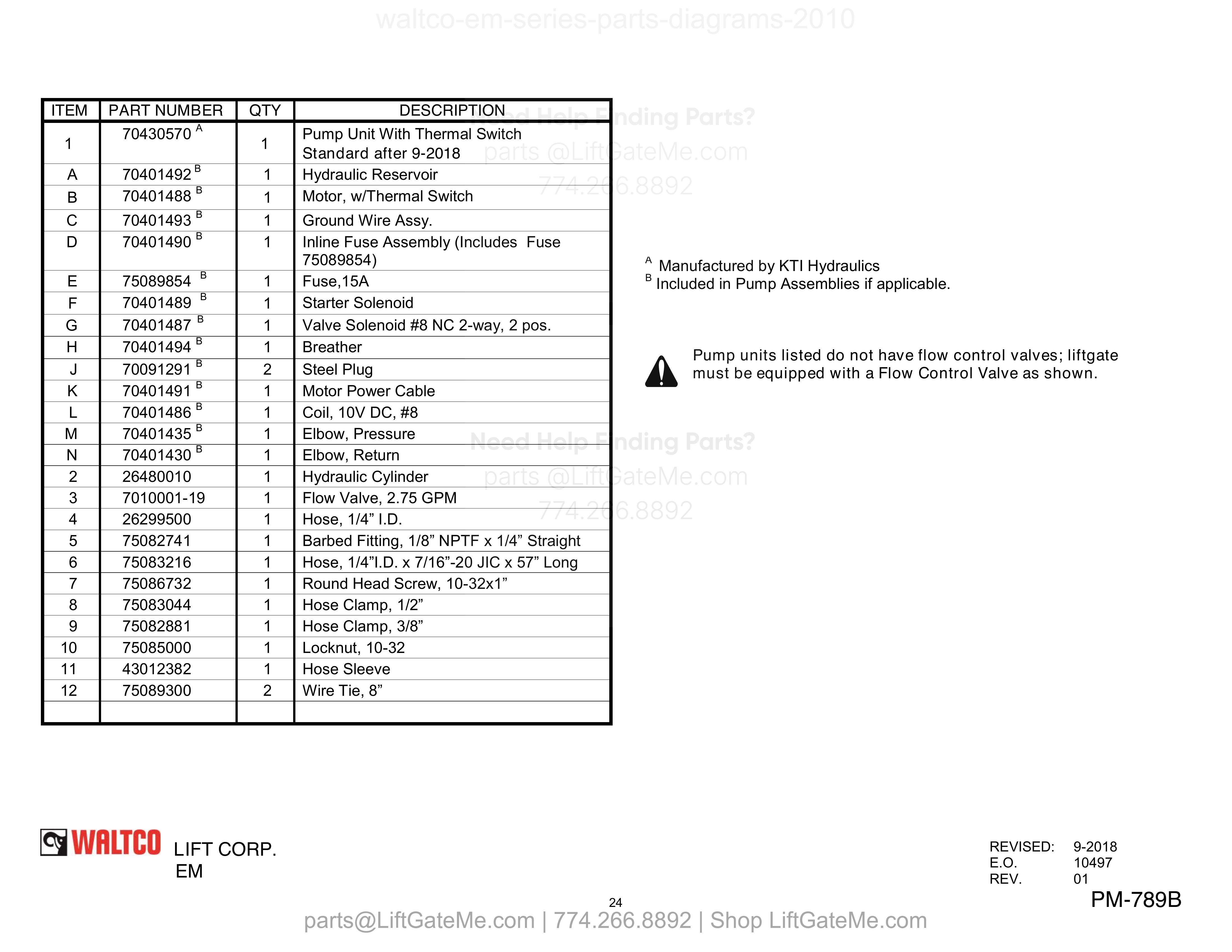 EM Hydraulic Layout, Gravity Down With Bucher Power Unit parts table