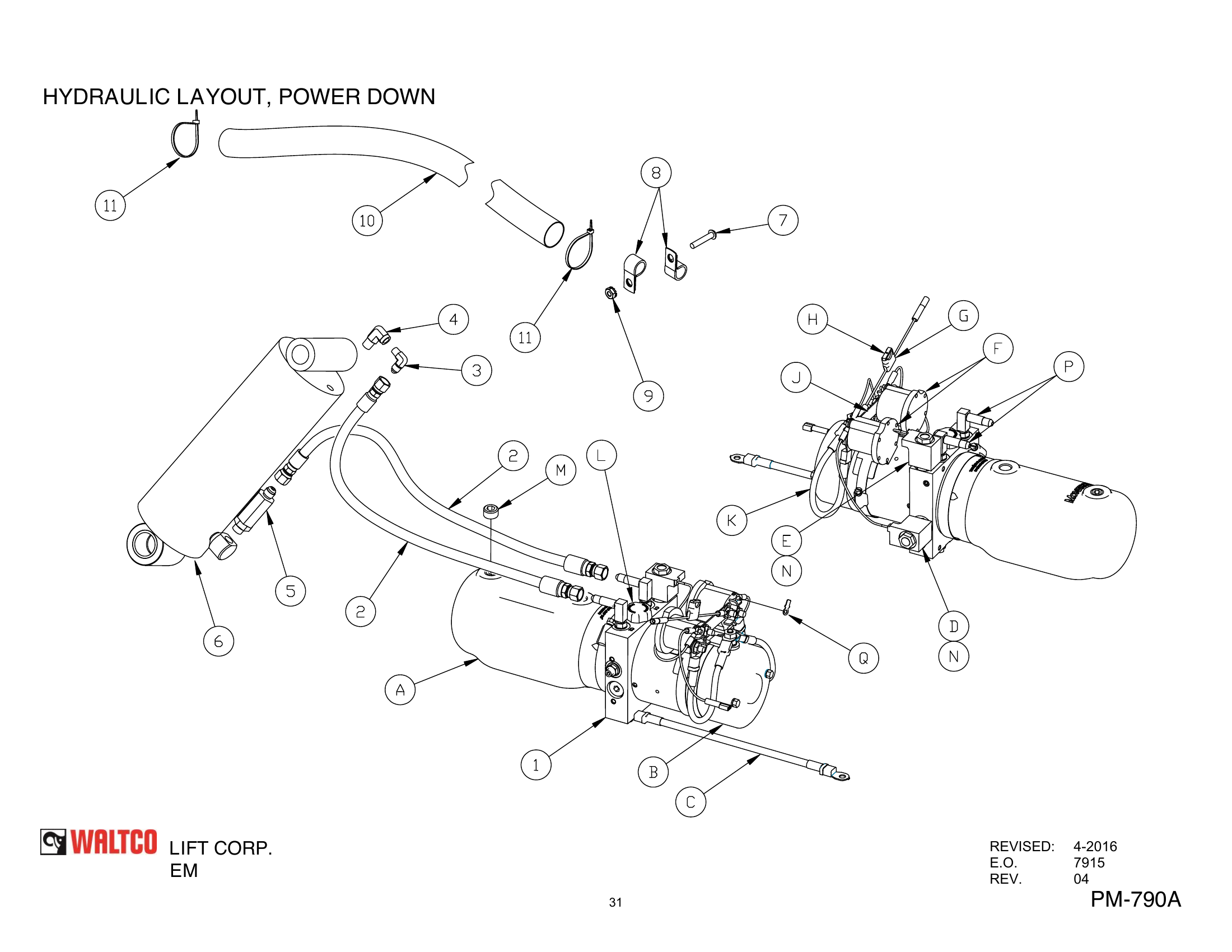 HYDRAULIC LAYOUT, POWER DOWN diagram