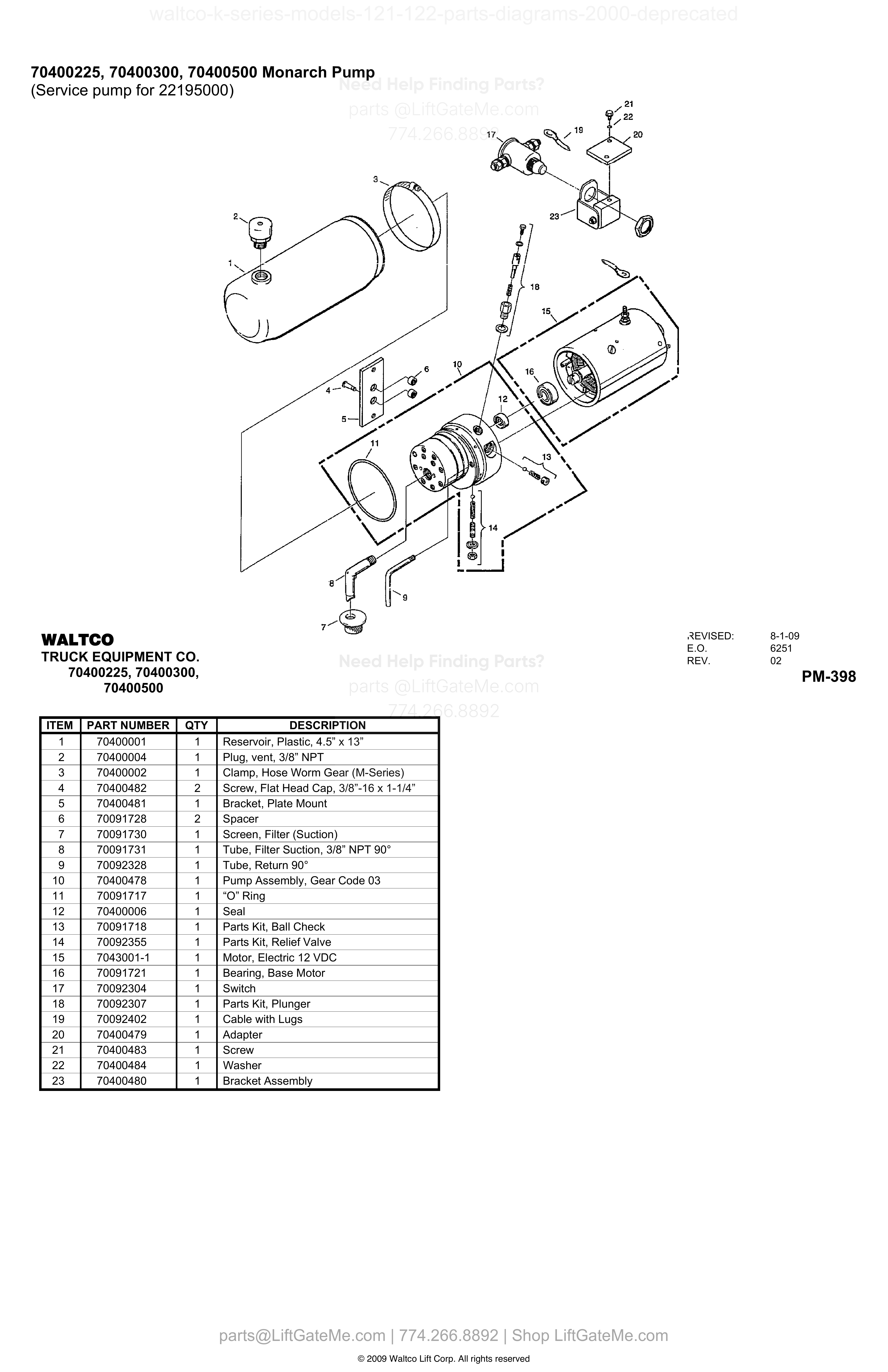 70400225, 70400300, 70400500 Monarch Pump (Service pump for 22195000) diagram