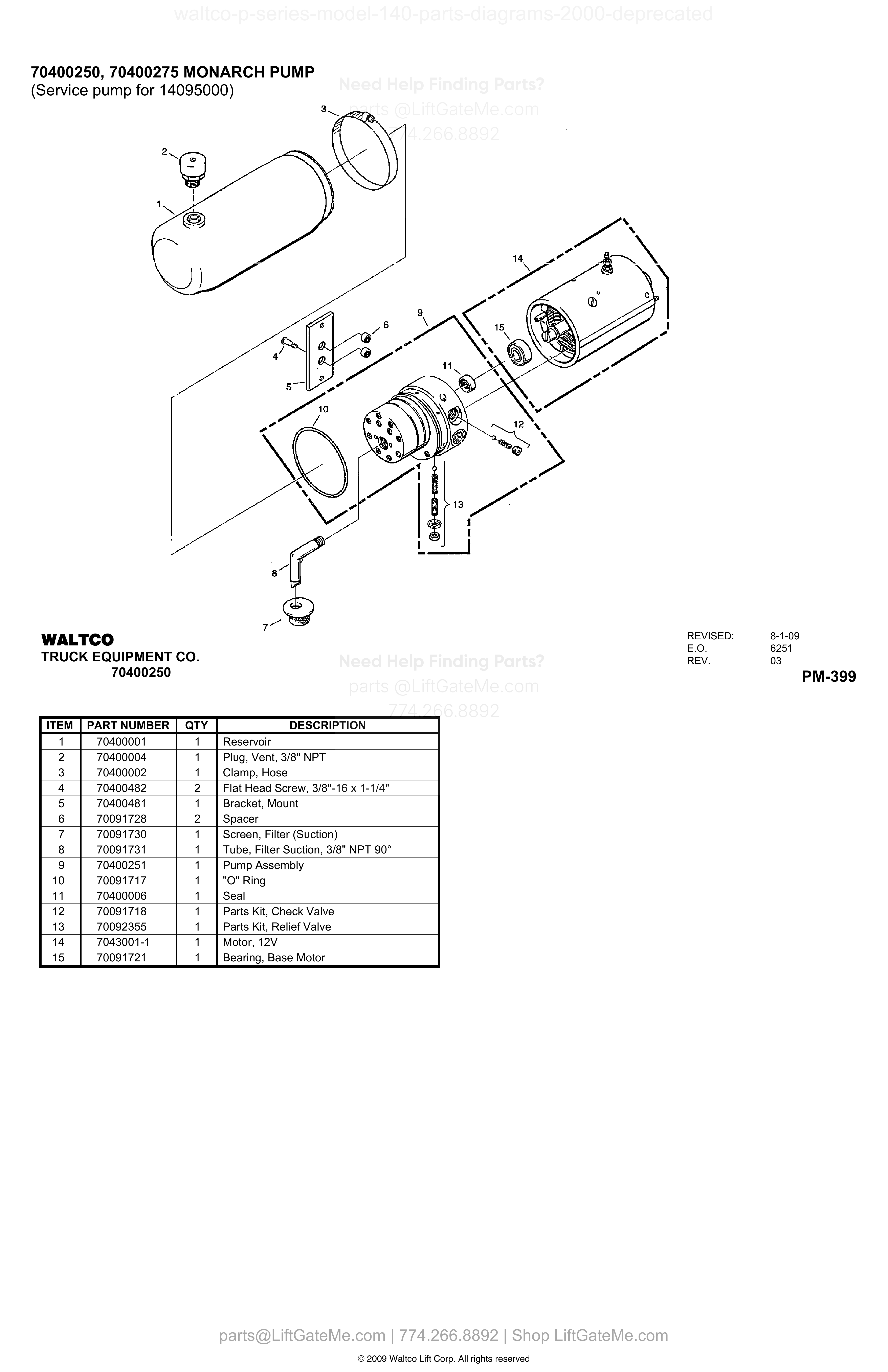 70400250, 70400275 MONARCH PUMP (Service pump for 14095000) diagram